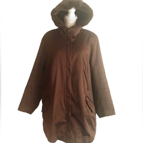 Jones New York Brown Satin Faux Fur Hooded Coat- Size 1X - Picture 2 of 12